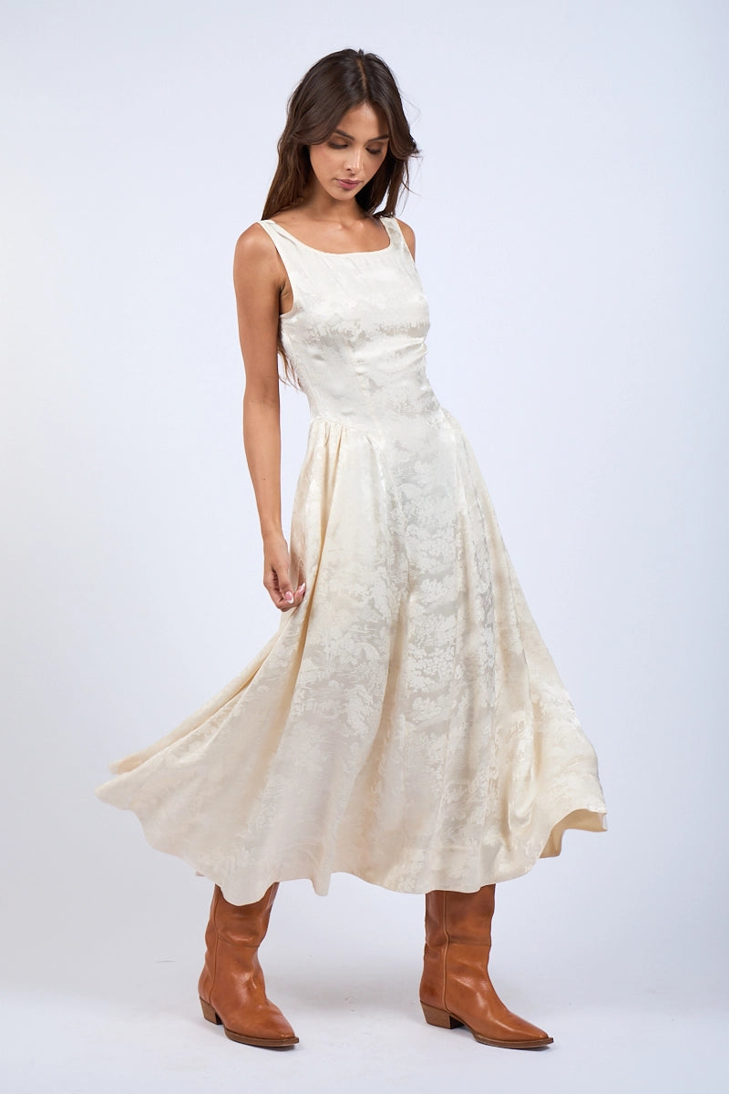 Cream Satin Floral Midi Dress