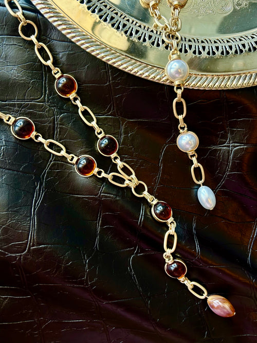Pearl Stone & Chain Y Necklace
