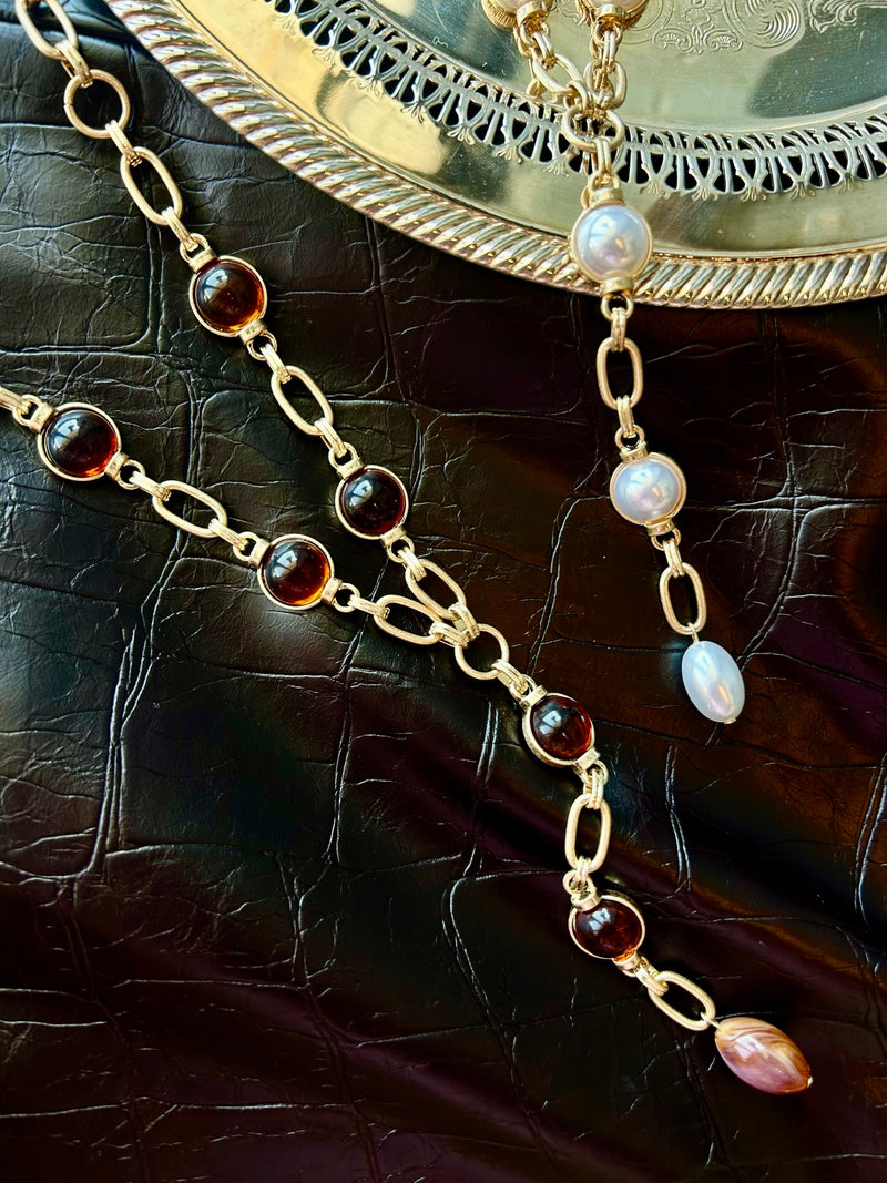 Pearl Stone & Chain Y Necklace