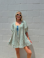 Green Striped Puff Sleeve Romper