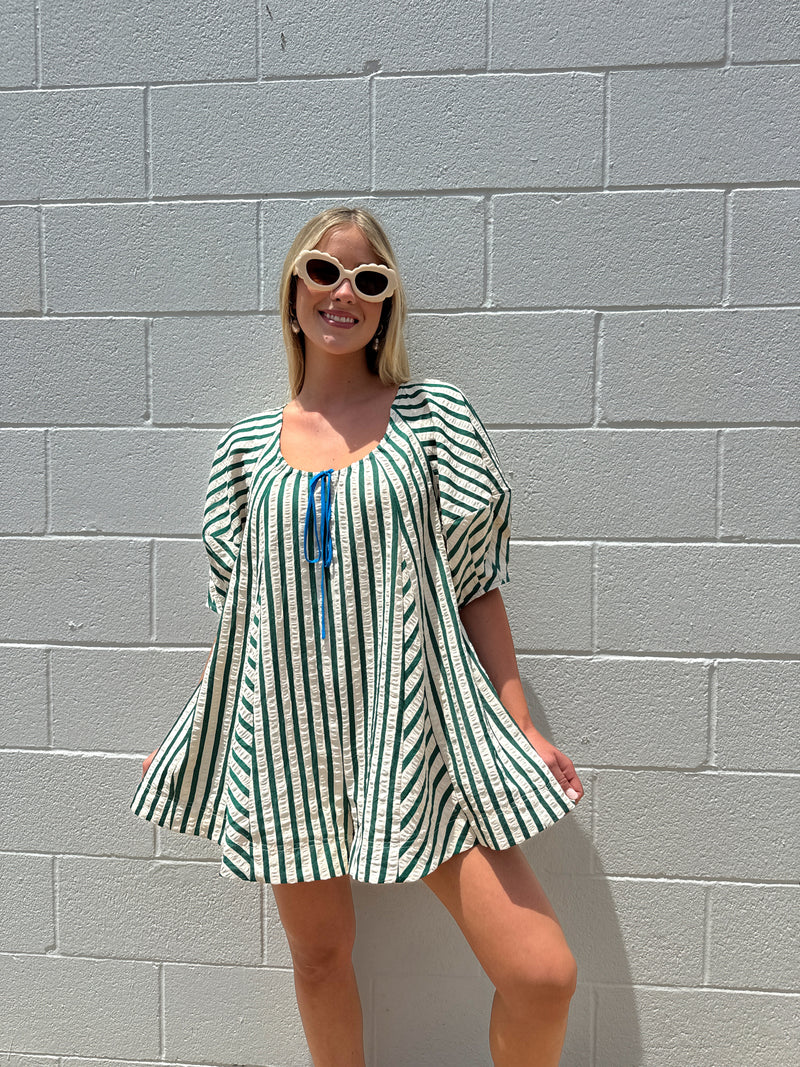 Green Striped Puff Sleeve Romper