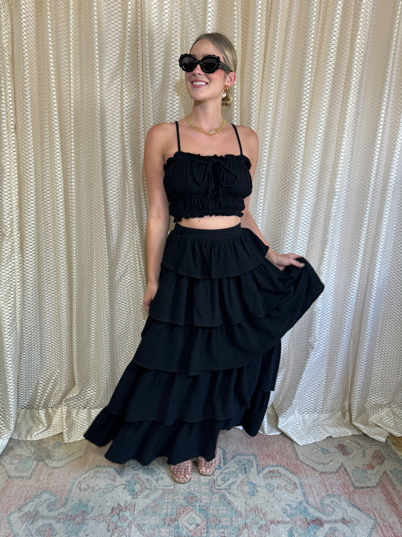 Black Ruffled Top & Maxi Skirt Set