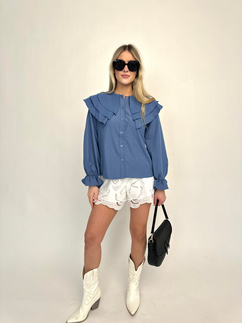 Denim Ruffle Blouse