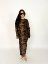 Brown Tiger Print Knit Midi Dress