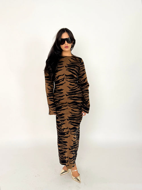 Brown Tiger Print Knit Midi Dress