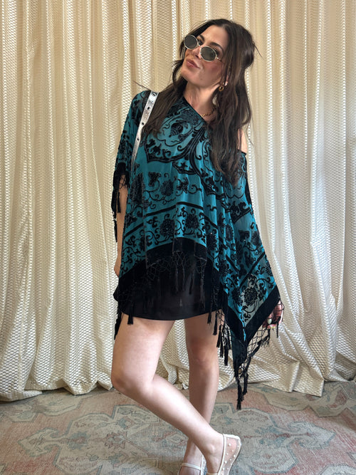 Teal Blue Velvet Poncho Top