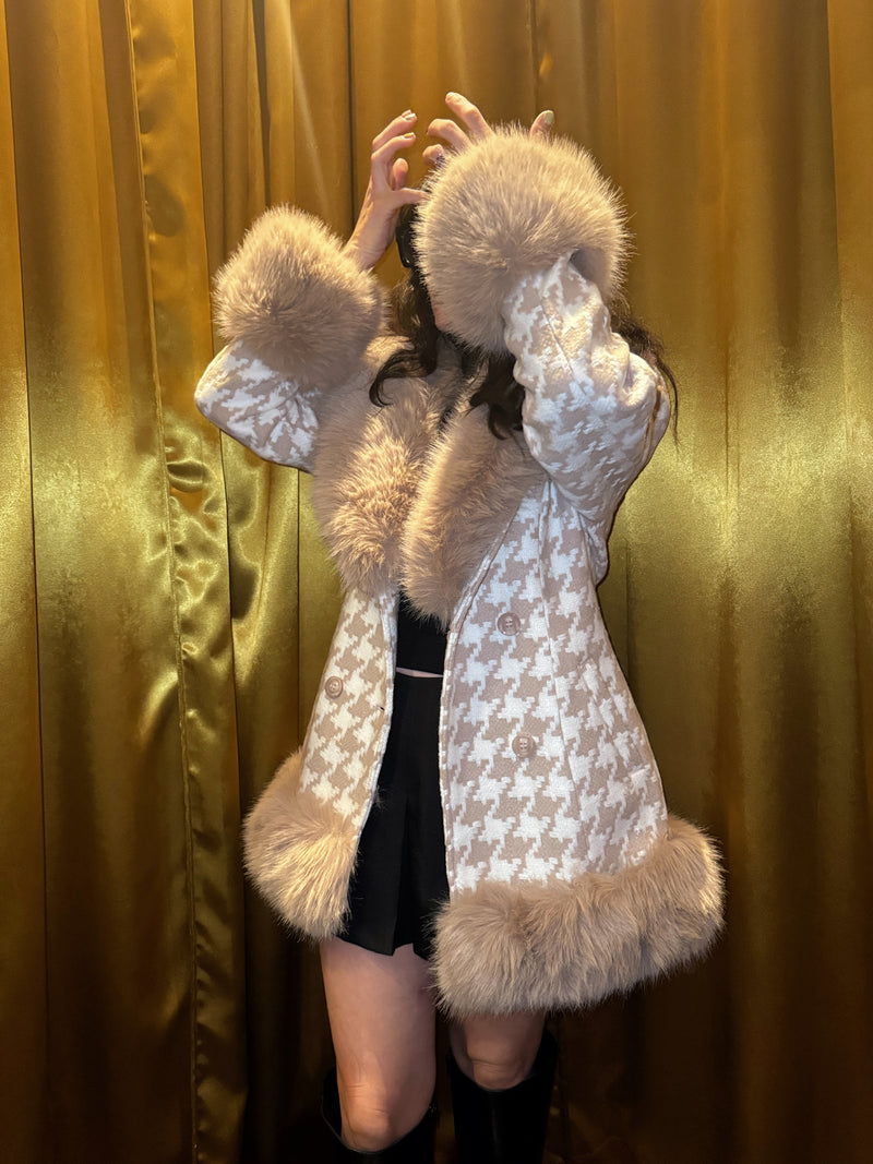 White & Taupe Houndstooth Fur Jacket