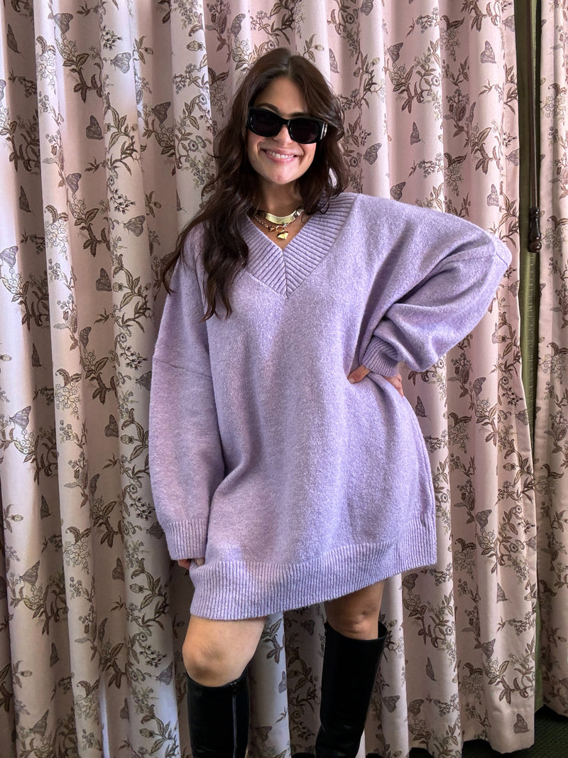 Lavender V Neck Sweater Dress