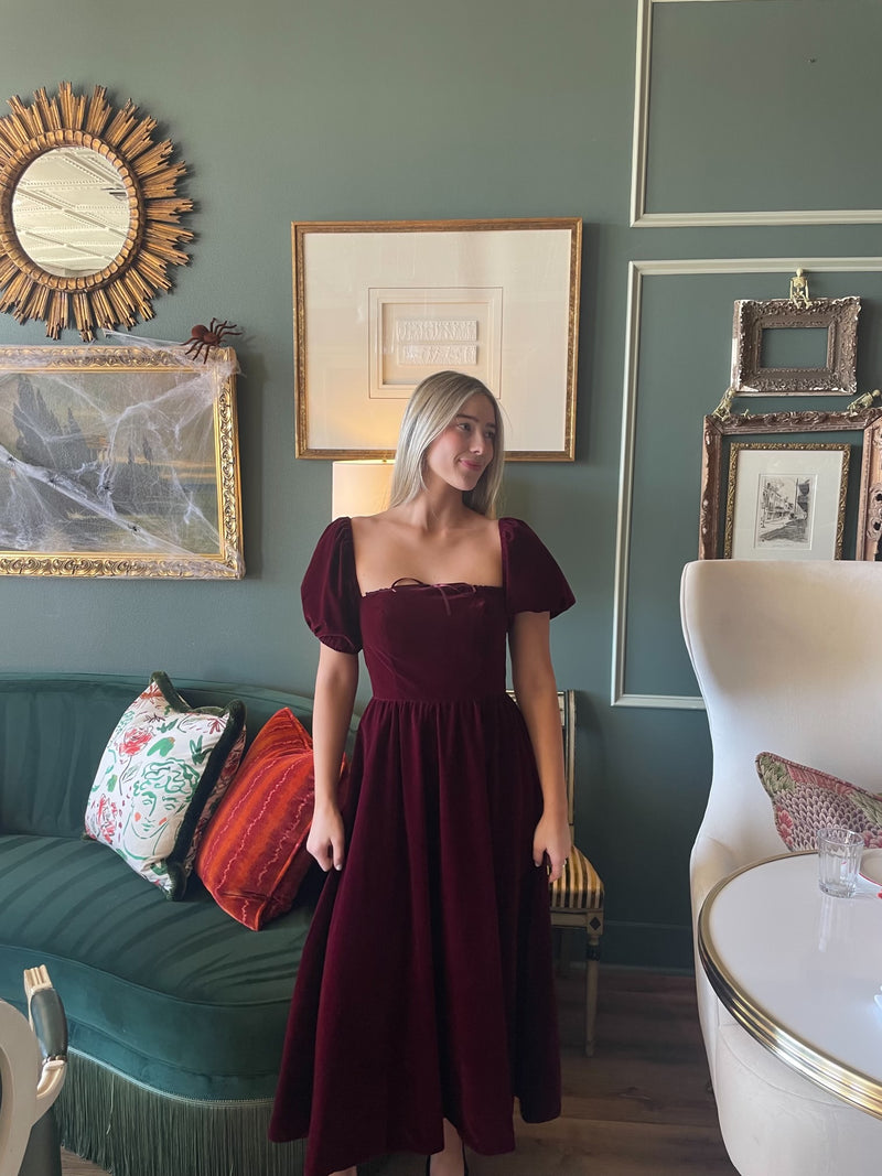 Burgundy Velvet Smocked Midi Dress