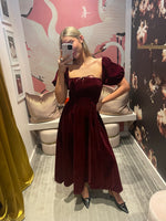 Burgundy Velvet Smocked Midi Dress