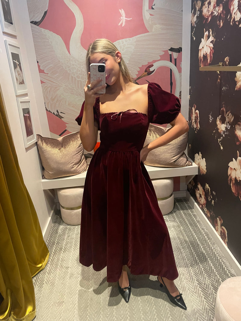 Burgundy Velvet Smocked Midi Dress