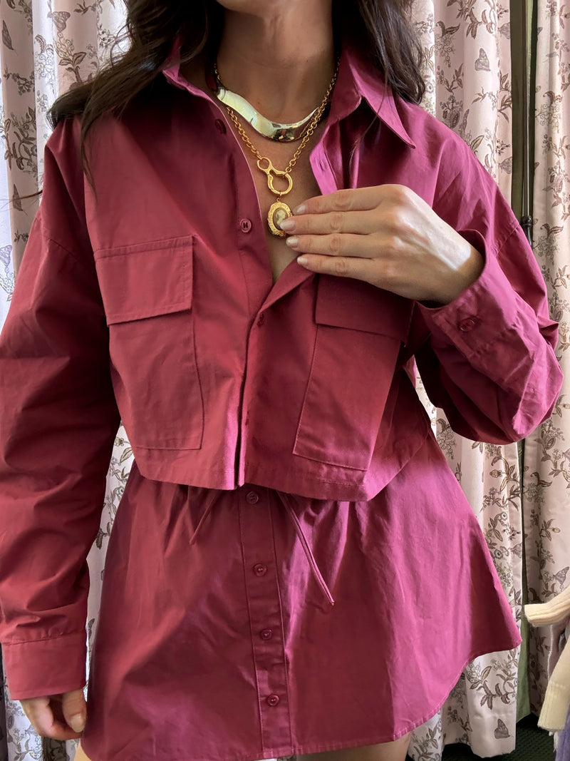 Burgundy Poplin Button Down Top