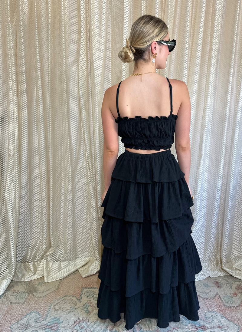 Black Ruffled Top & Maxi Skirt Set