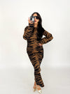 Brown Tiger Print Knit Midi Dress