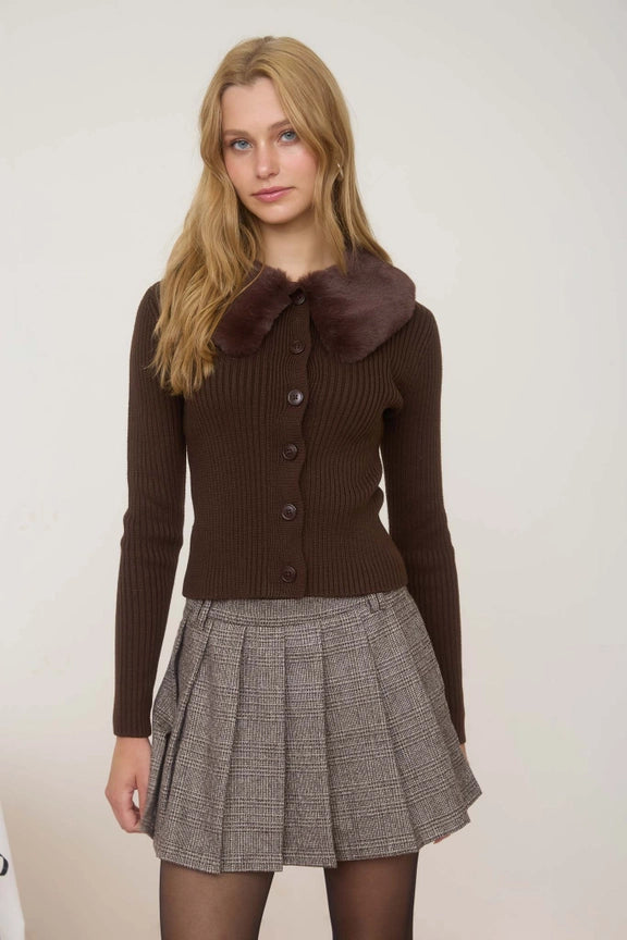 Chocolate Faux Fur Collar Cardigan