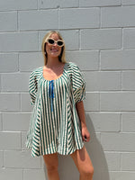Green Striped Puff Sleeve Romper