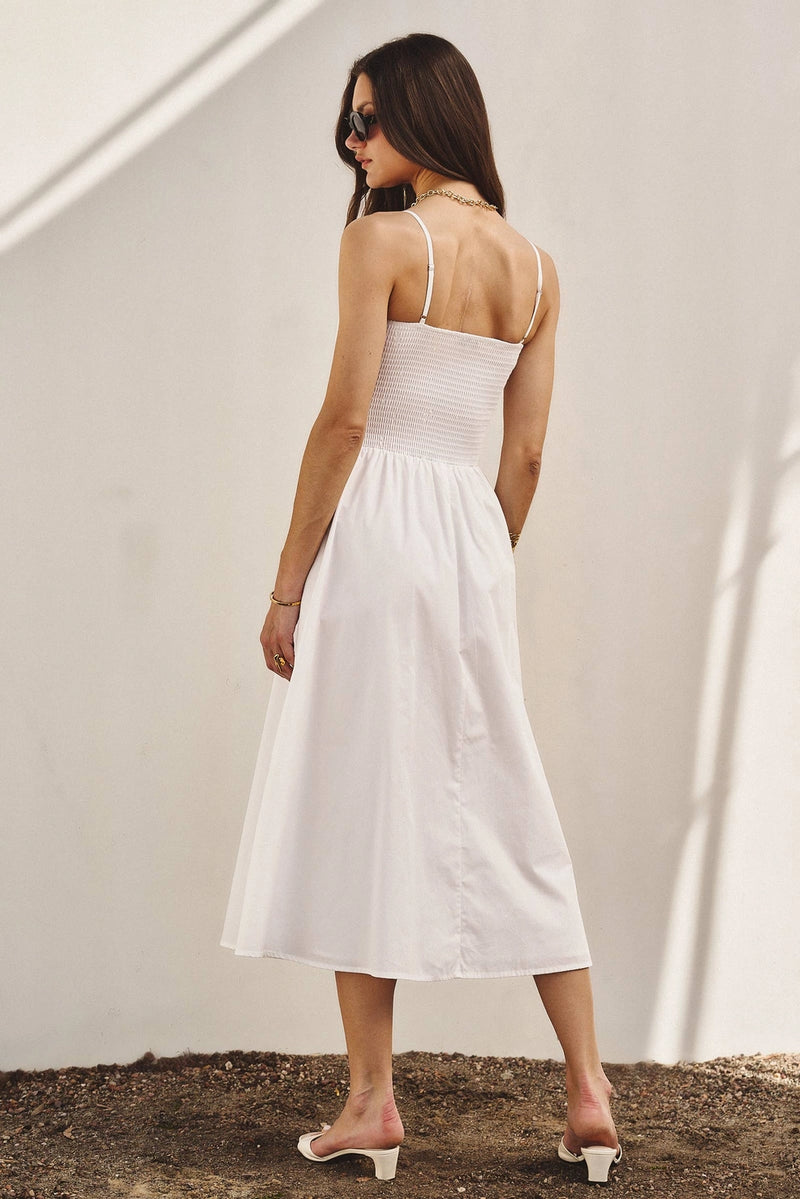 smocked white midi dress Call It Serendipity Smocked Eyelet Midi Dress in White