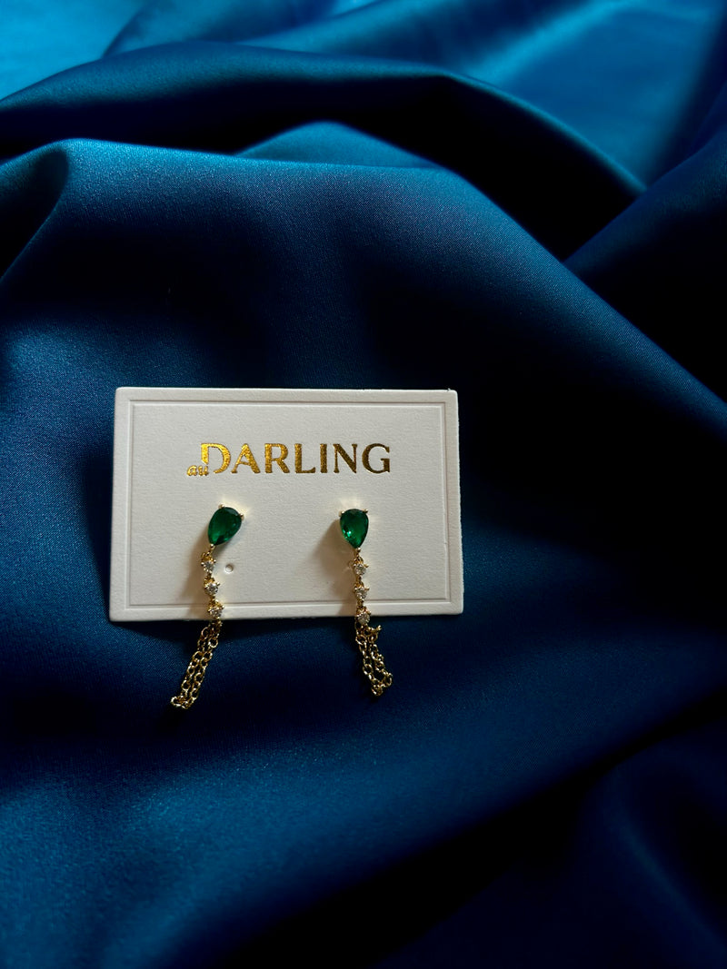 Dainty Emerald + Gold Chain Earrings