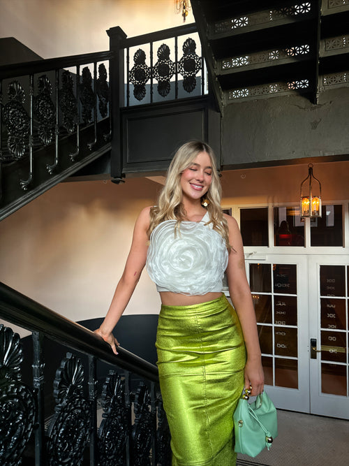 Lime Green Metallic Midi Skirt