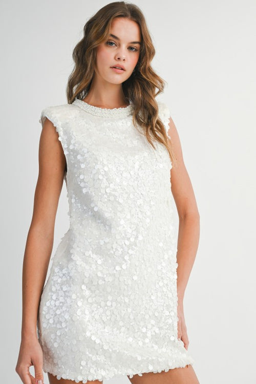 White Pearl Sequin Mini Dress