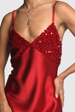 Red Sequin Bust Maxi Dress