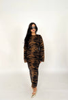 Brown Tiger Print Knit Midi Dress