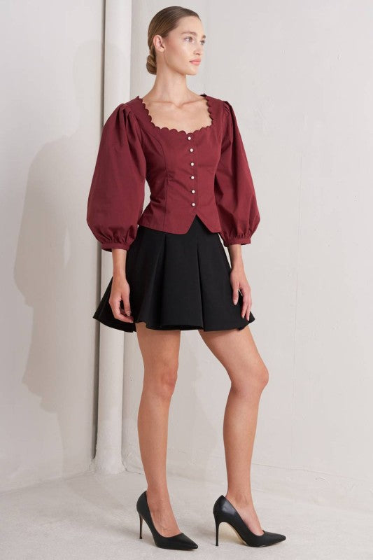 Sophia Maroon Scalloped Blouse