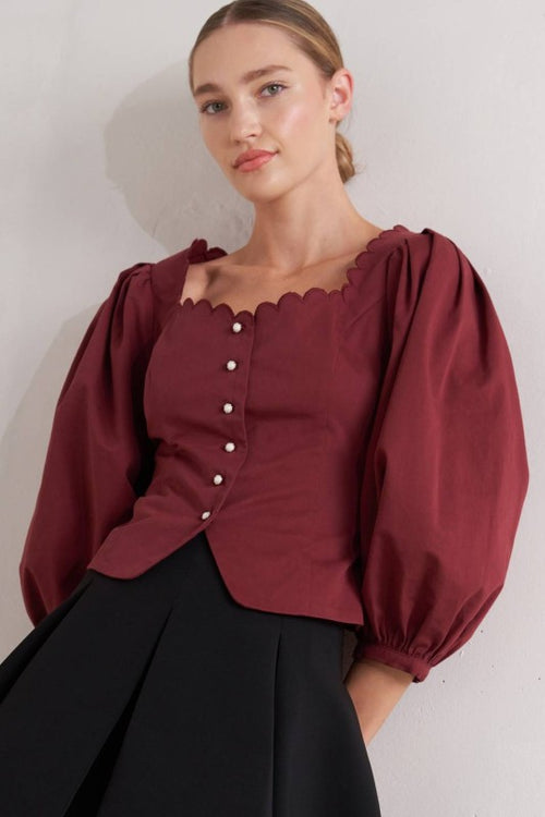 Sophia Maroon Scalloped Blouse