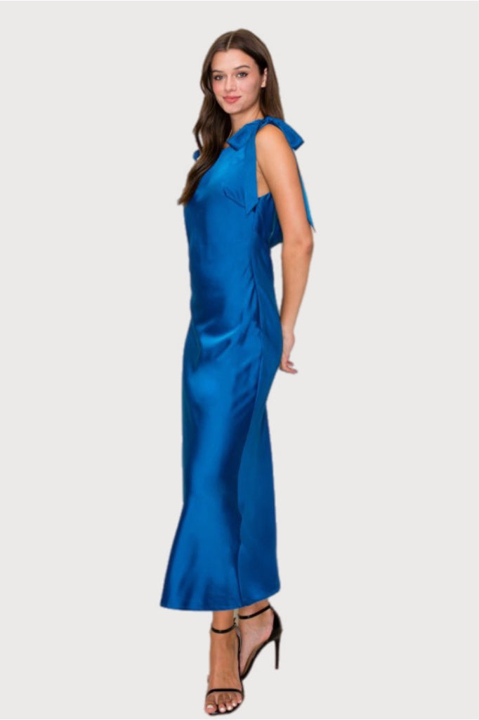 Cobalt Satin Cowl Back Midi Dress