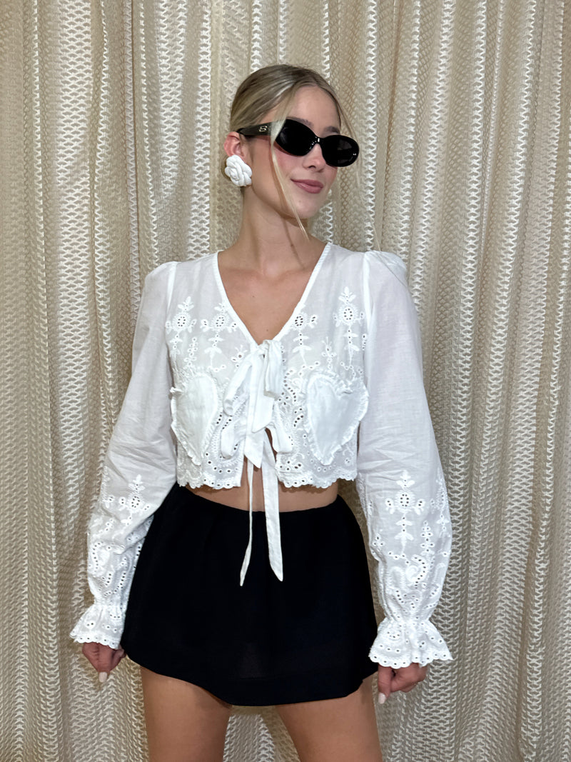 Eyelet Heart Tie Front Top