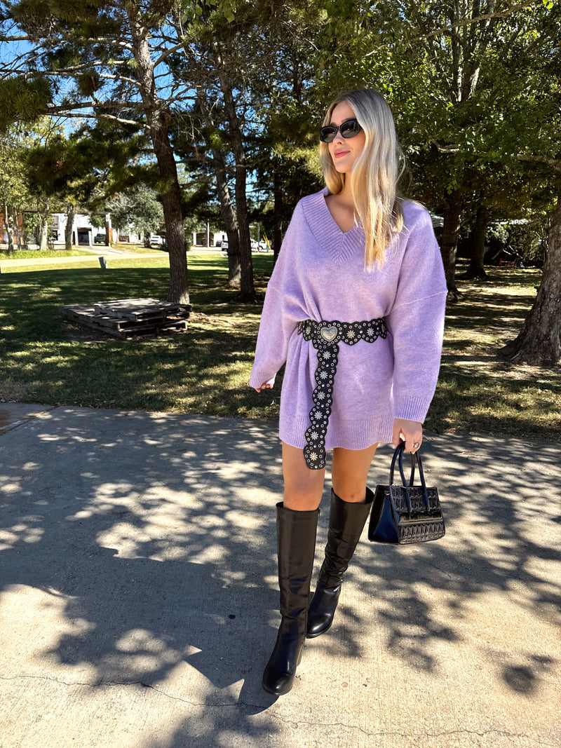 Lavender V Neck Sweater Dress