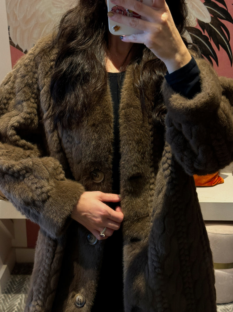 Brown Faux Cabled Fur Long Coat