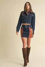 Denim & Faux Leather Mini Skirt