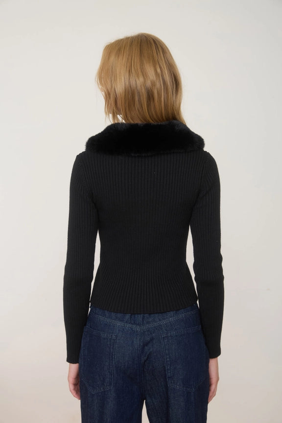 Black Faux Fur Collar Cardigan
