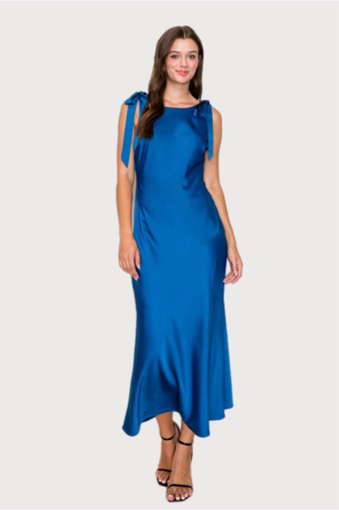 Cobalt Satin Cowl Back Midi Dress