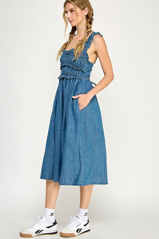Denim Ruffle Midi Dress