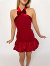 Red Bow Bubble Hem Mini Dress