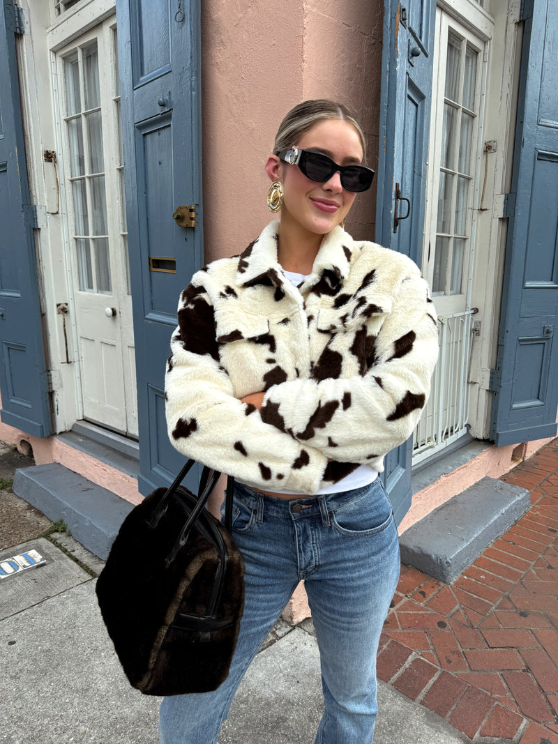 Cow Print Faux Fur Short Jacket