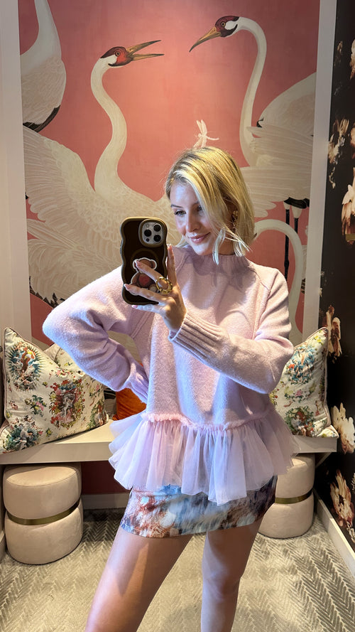 Light Pink Tulle Trim Turtleneck Sweater