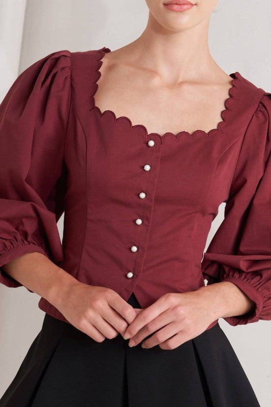 Sophia Maroon Scalloped Blouse