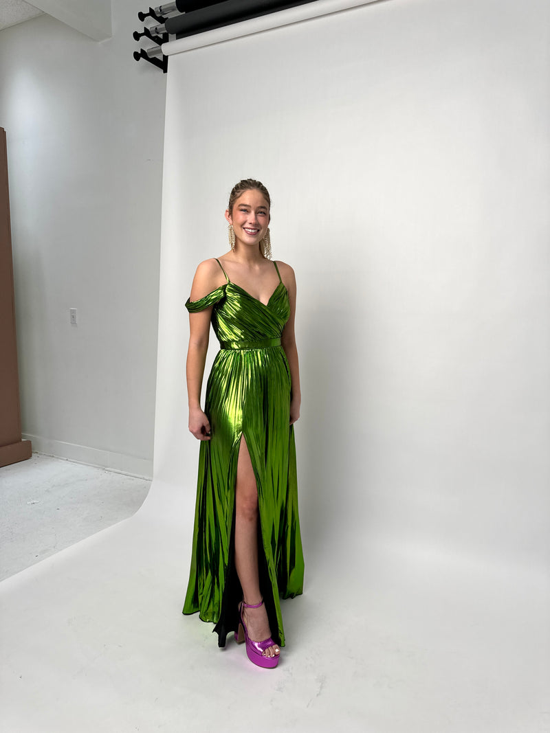 Metallic Green Pleated Gown