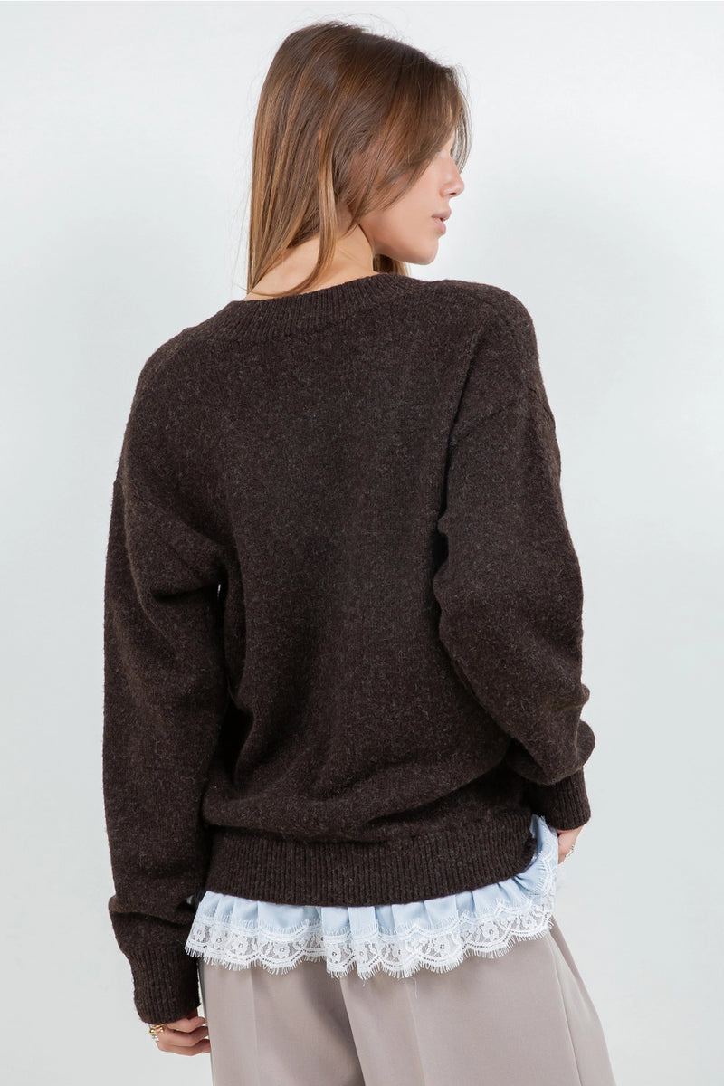 Gabby Espresso & Lace Trim Sweater Top