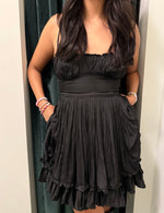 Midnight Black Satin Ruffle Dress