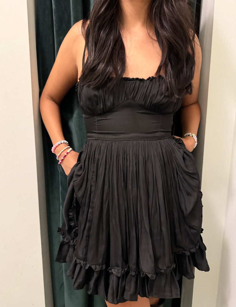 Midnight Black Satin Ruffle Dress