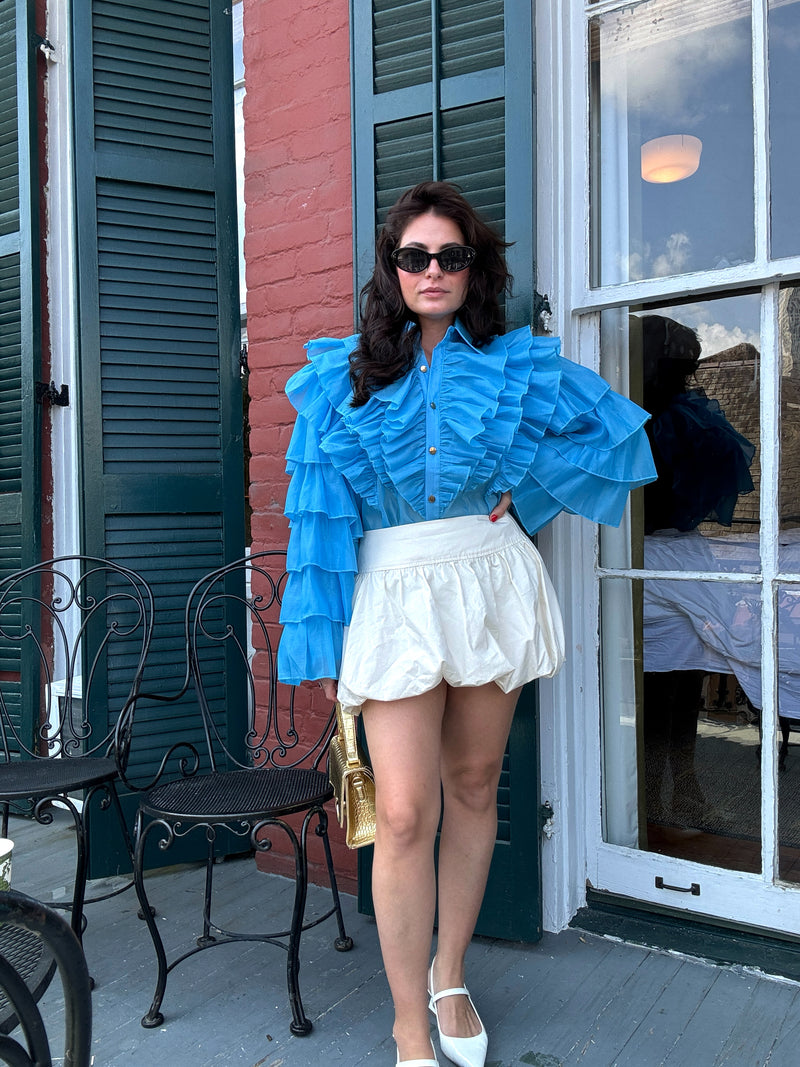 Blue Ruffle Button Down Top