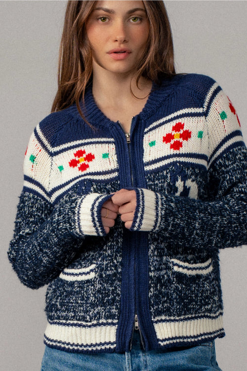 Floral Horse Zip Up Sweater