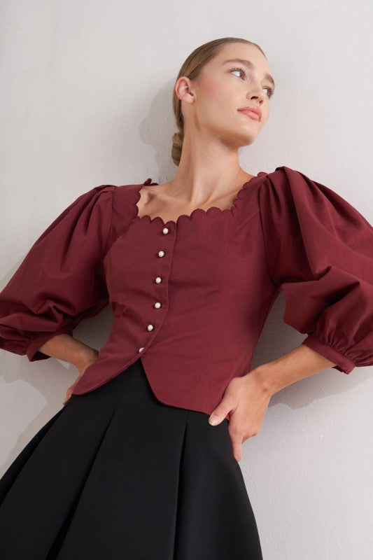 Sophia Maroon Scalloped Blouse