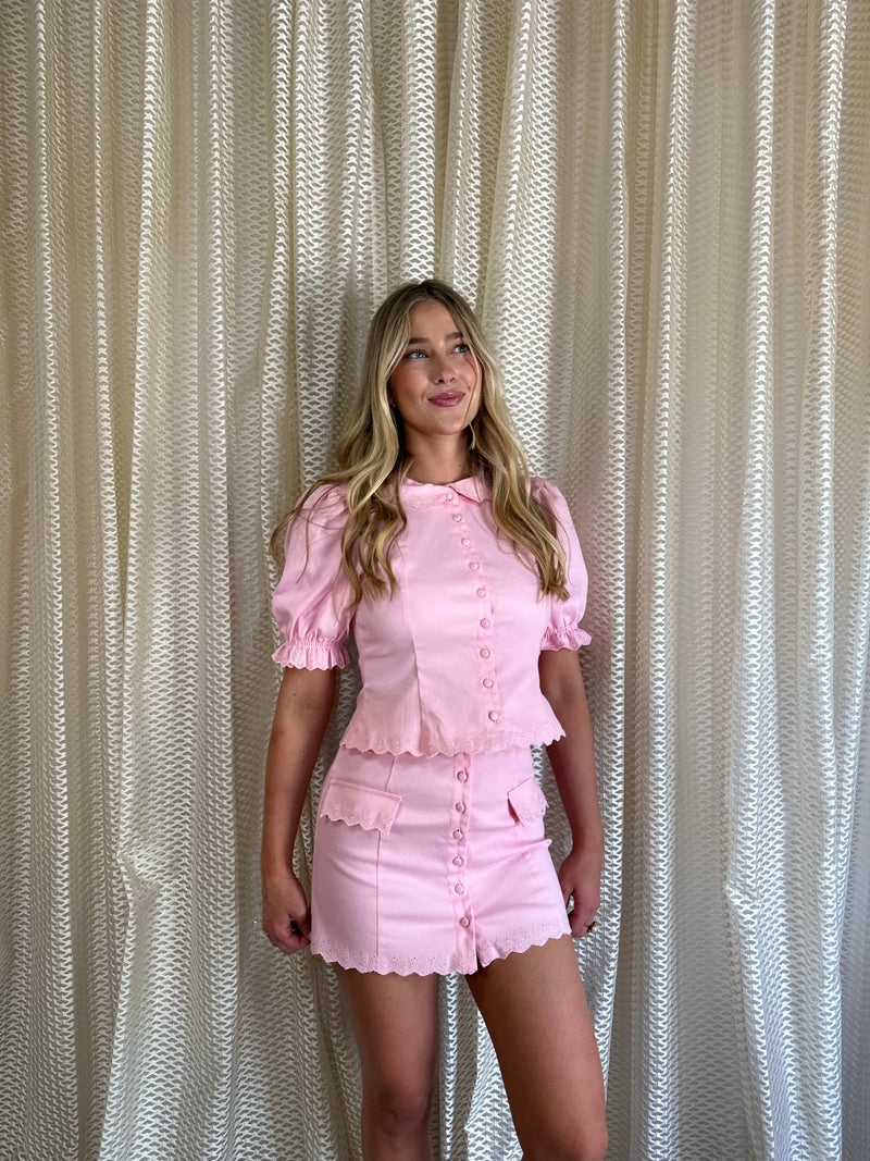 Pink Button Down Mini Skirt