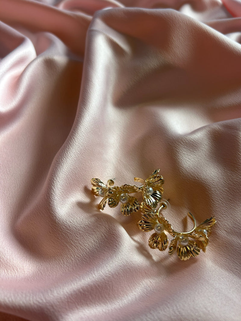 Gold Flower & Pearl Hoop Earrings