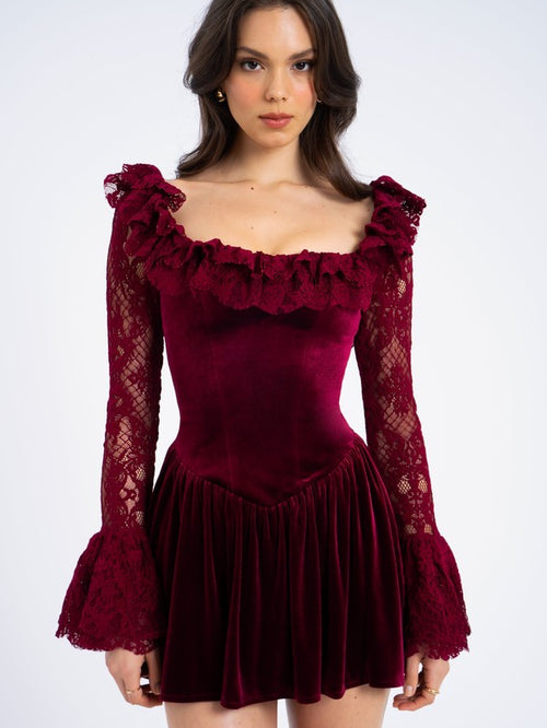 Burgundy Velvet Lace Ruffle Dress